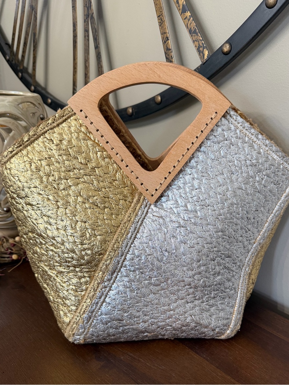 Metallic Gold & Silver Woven Tote with Wooden Handle. Super cute for summer.